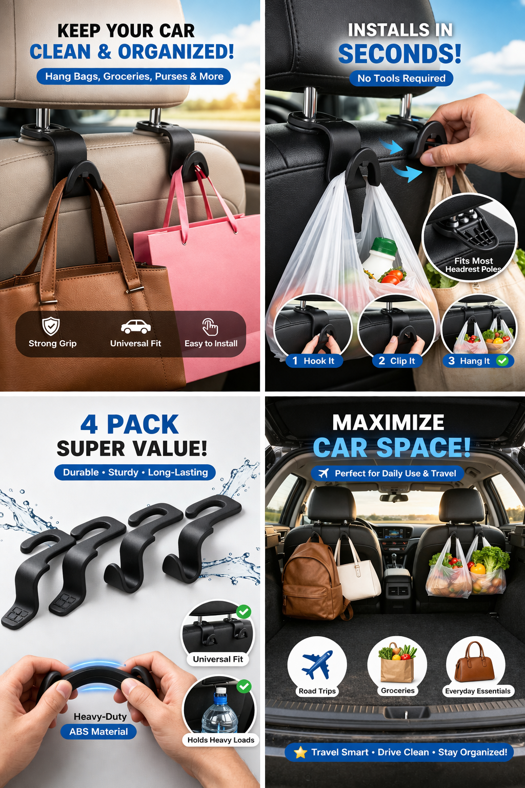 Car-Mounted Hidden Hooks for Car Headrests (Pack of 4)